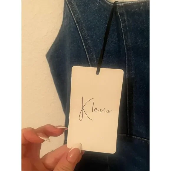 Western Denim Mini Dress Bodycon Square Neck Country Concert Cowgirl Size L  NEW - Picture 7 of 9